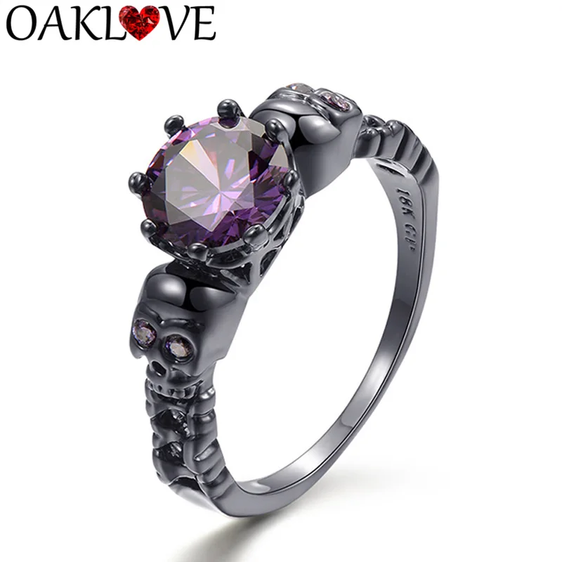 

2019 New Trendy Gothic Black Gun Plated Style Retro Skull Rings for Women Purple Crystal Men's Rings Rock Punk Wedding Jewelry