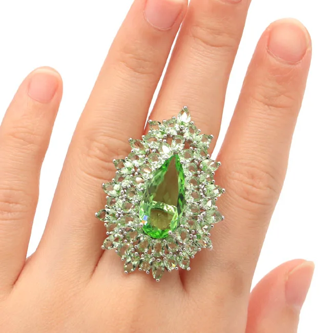 

US SZ 8.0# 2019 New Designed Big Pear Shape Green Tsavorite Garnet Silver Ring 45x30mm