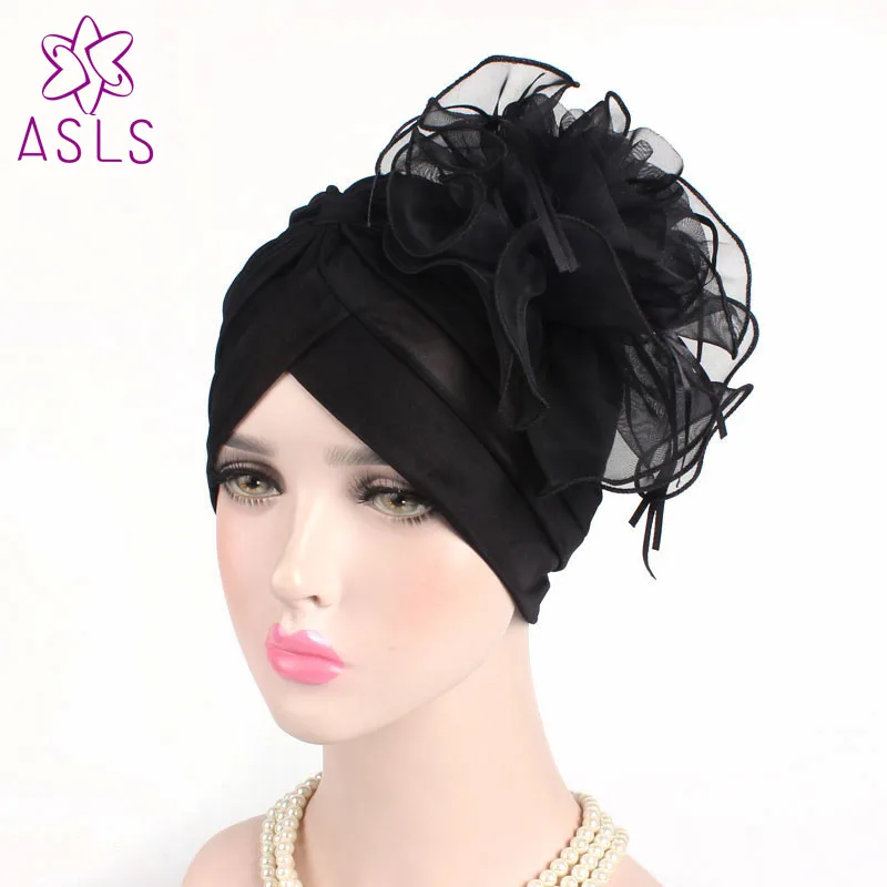 2018New Fashion Ruffle Turban With Big Poplin Flower Cocktail Wedding Tea Party Bandana Indian cap Hair accessories for women |
