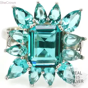 

4.2g Real 925 Solid Sterling Silver 2018 Rich Blue Aquamarine Gift For Girls Rings US 7.5# 21x19mm