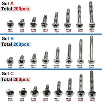 

Hot selling 200pcs M3 A2 SS Phillips Pan Flat Truss Head Tapping Screws Kit