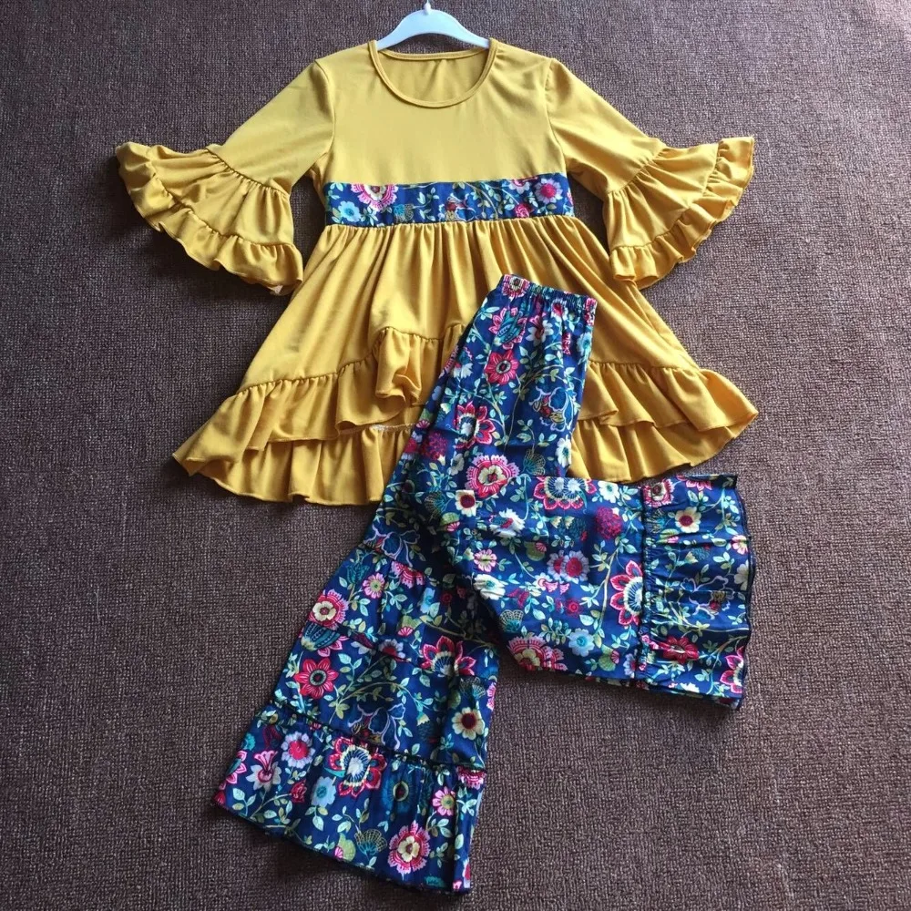 

Solid Mustard yellow Ruffle Big Flare Pants discount sale smart casual baby girl Children sets cute infant apparel accessory