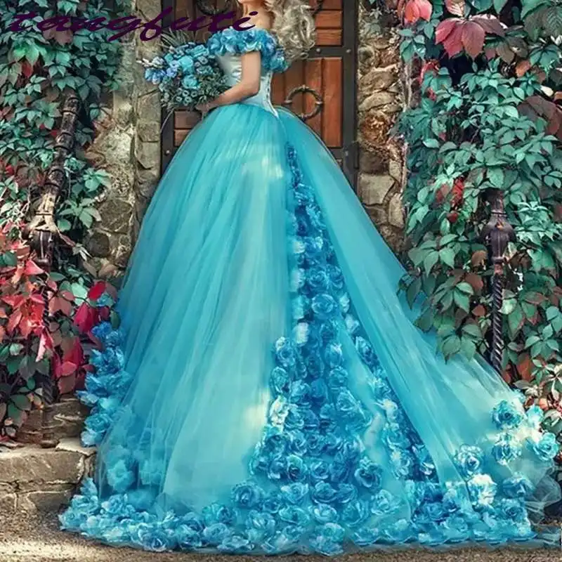 

Blue Ball Gown Quinceanera Dresses Handmade Flowers Off the shoulder Court Train Tulle Prom sweet 16 Dress Custom Made Dress
