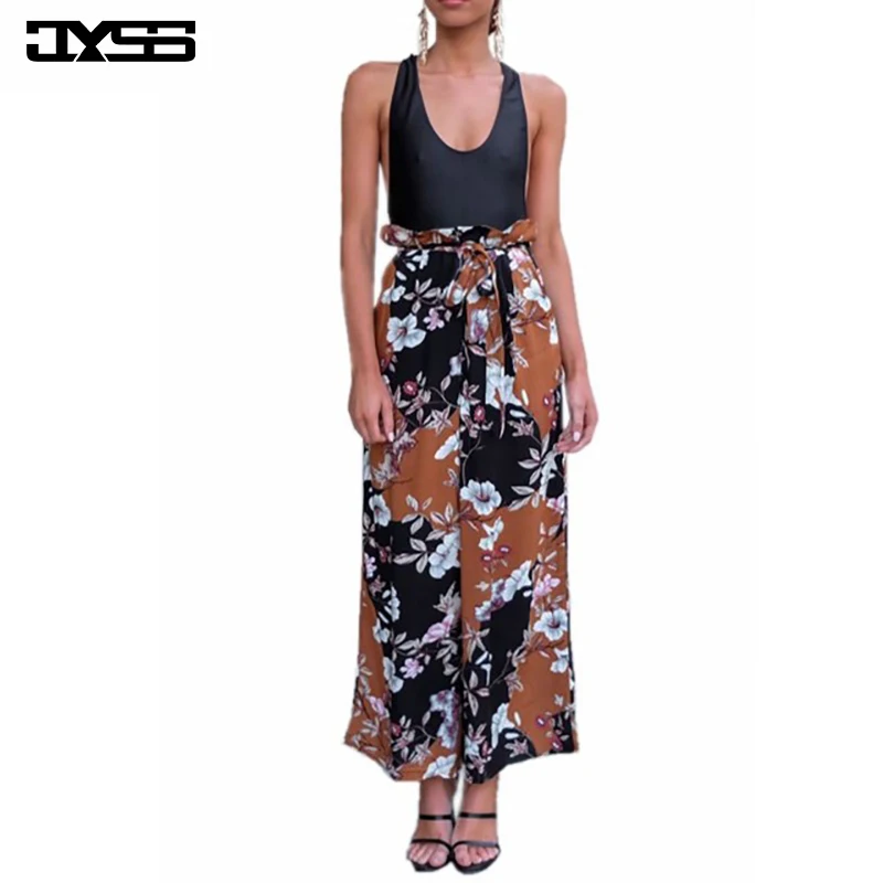 JYSS Осень Новые модные с цветочным принтом длинные штаны поясом эластичный