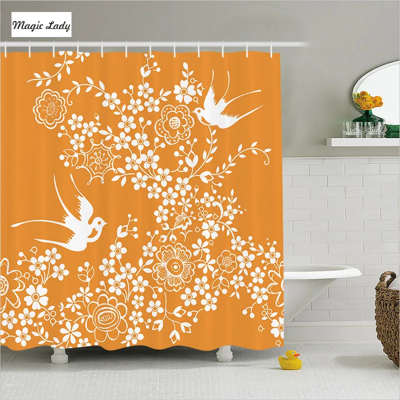 Shower Curtain Orange Bathroom Accessories Oriental Floral ...