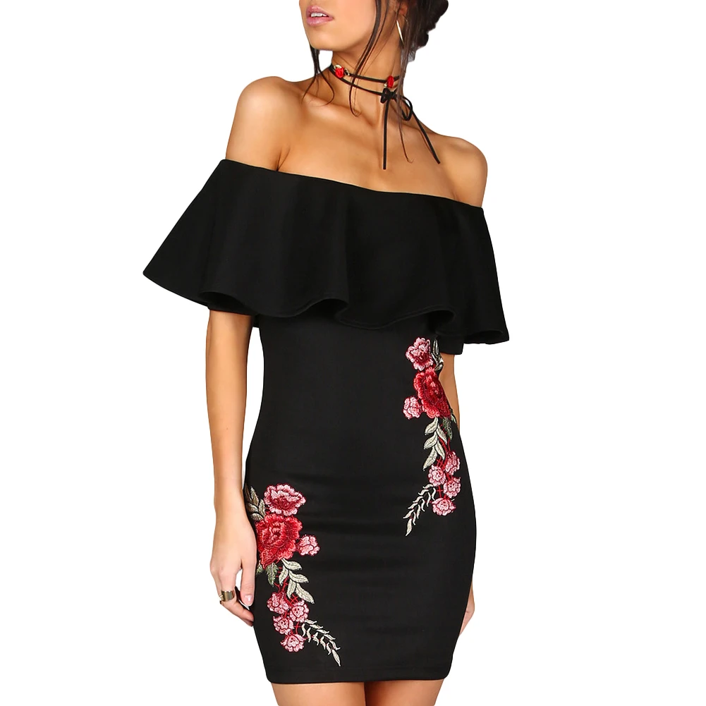 

Women Summer Sexy Off Shoulder Rose Embroidered Ruffled Bodycon Party Mini Dress