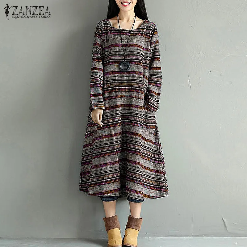 L 5XL Plus Size ZANZEA Cotton Linen Vestido Women O Neck Long Sleeve ...