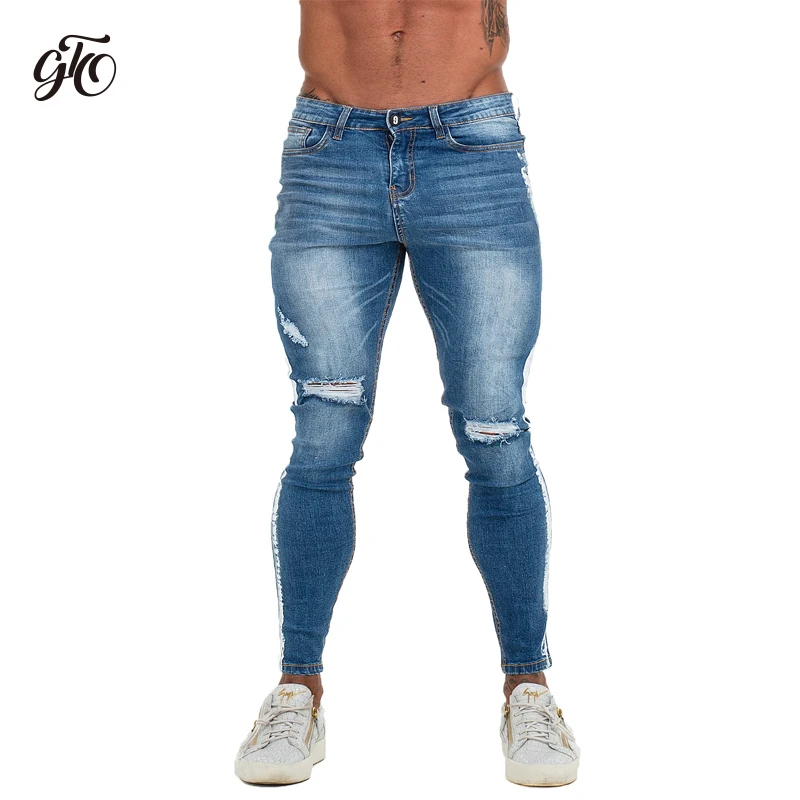 Gingtto Mens Jenas Side Stripe Super Spray on Skinny Jeans Men Plus Elastic Waist Europe Size Athletic Body Type Street Fashion
