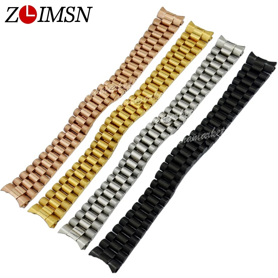 

ZLIMSN 13mm Solid 316L Stainless Steel Watch Strap Deployment Clasp Black Gold Rose Gold 3 Links Watchband Bracelets Curved End