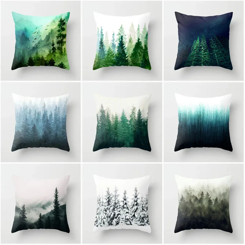 

18 inch Artwork Mountain Trees Pattern Print Polyester Lost in the Mountain Pillow Cover Home Decorative Pillows Cover
