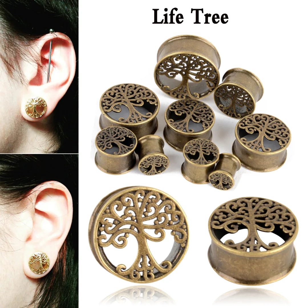 1Pair Shellhard Antique Brass Ear Plugs Shellhard Hollow Tree Life Flesh Tunnel Ear Plug Gauge Piercing Jewelry For Women