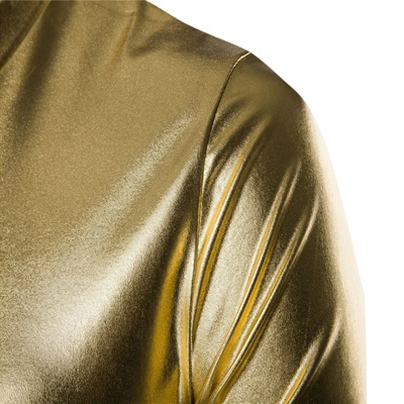 Мужская Блестящая футболка из искусственной кожи с длинными рукавами, топы, цвета: золотистый, серебристый, черный, приталенная Повседневная футболка с v-образным вырезом, топы, одежда M-3XL