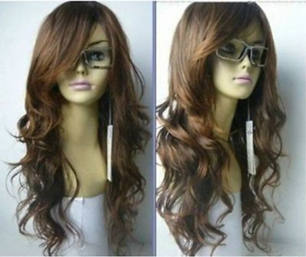 

100% Real Hair! Hot Sell! New Long Vogue Light Brown Fashion Wavy Hair Wigs Hair+CAP>>>girls Cosplay wig Free shipping
