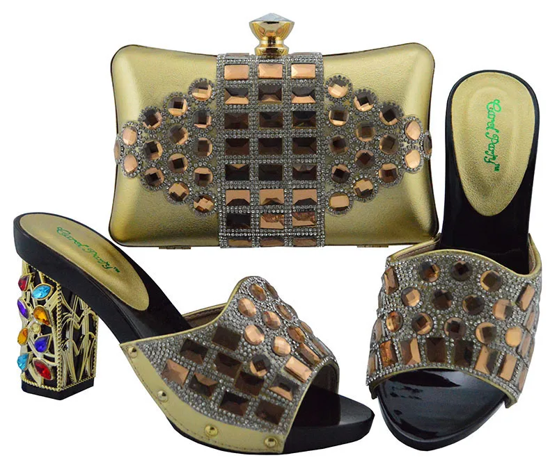 

New arrival shinning gold color shoes and bag aso ebi african lady low heel slippers shoes and clucthes evening bag SB8272-3