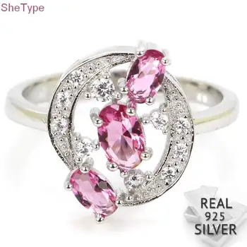 

2.8g SheType Pink Tourmaline White CZ Real 925 Solid Sterling Silver Rings 14x13mm