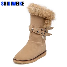 Большие размеры 34-43; зимние женские ботинки; теплые ботинки на меху на плоской подошве с кроличьим мехом и заклепками; зимние ботинки с круглым носком; Zapatos; n048