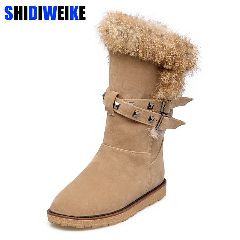 

Big size 34-43 Winter women boots Flat Rabbit hair Rivets Warm fur boots Snow boots Round Toe Plush Zapatos n048
