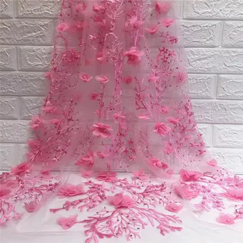 

burgundy african french net lace 2018 beaded lace fabric 3d flowers fabric high quality tulle lace 5yard/lot A1070-2