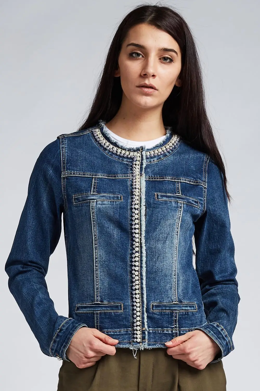 Pjd1116 Bleu Veste Avec 2019 Chesr Perles À Pop Longues O Femme Automne Denim cou Courte Printemps Manches Mince Chicamp; eI9WEHYbD2