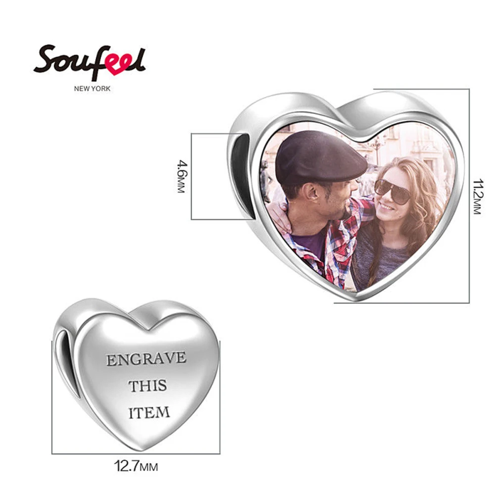 

SOUFEEL Fashion Heart Charm for Bracelet and Necklace Make Your Photo Charm Engraved Heart Beads Lovers Gift