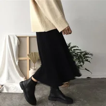 Корейская версия, юбка с эластичной талией, женская черная юбка, повседневный стиль, плиссированная юбка, высокая талия, одноцветная, Женская длинная юбка