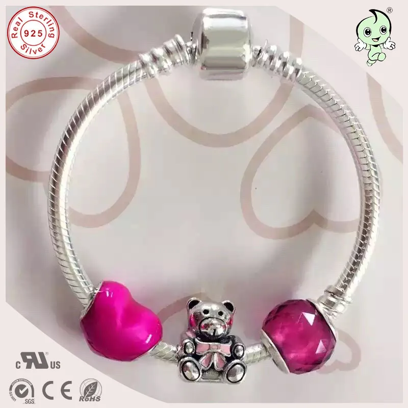 

Trendy Good Quality Pink Series Style 925 Sterling Silver Baby Bracelet With Silver Cute Bear Charms For Girl Baby