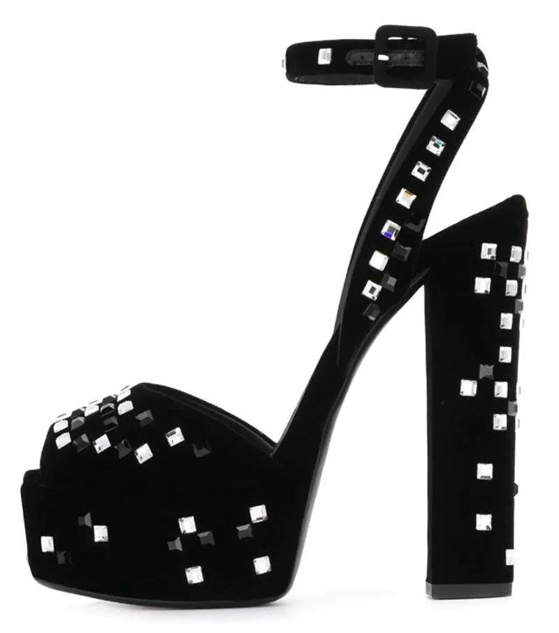 

Fashion crystal embellished thick heels woman sandal black velvet peep toe buckle strap platform heels ankle strap dress shoe