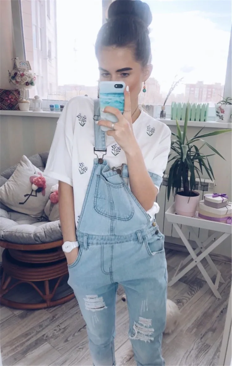 2018 summer large size female straight strap hole denim bibs female high waist Korean bib pants (13)