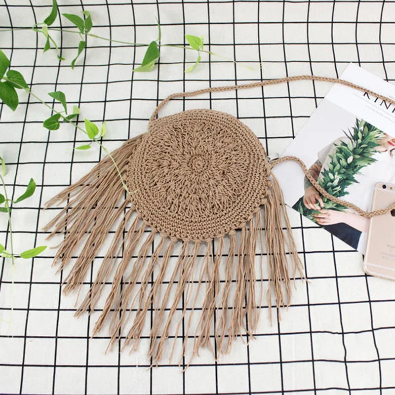 Women Circle Straw Bags Summer Beach Tassel Female INS Popular Shoulder Bag Lady Casual Handmade Weave Round Crossbody SS3108 (7)