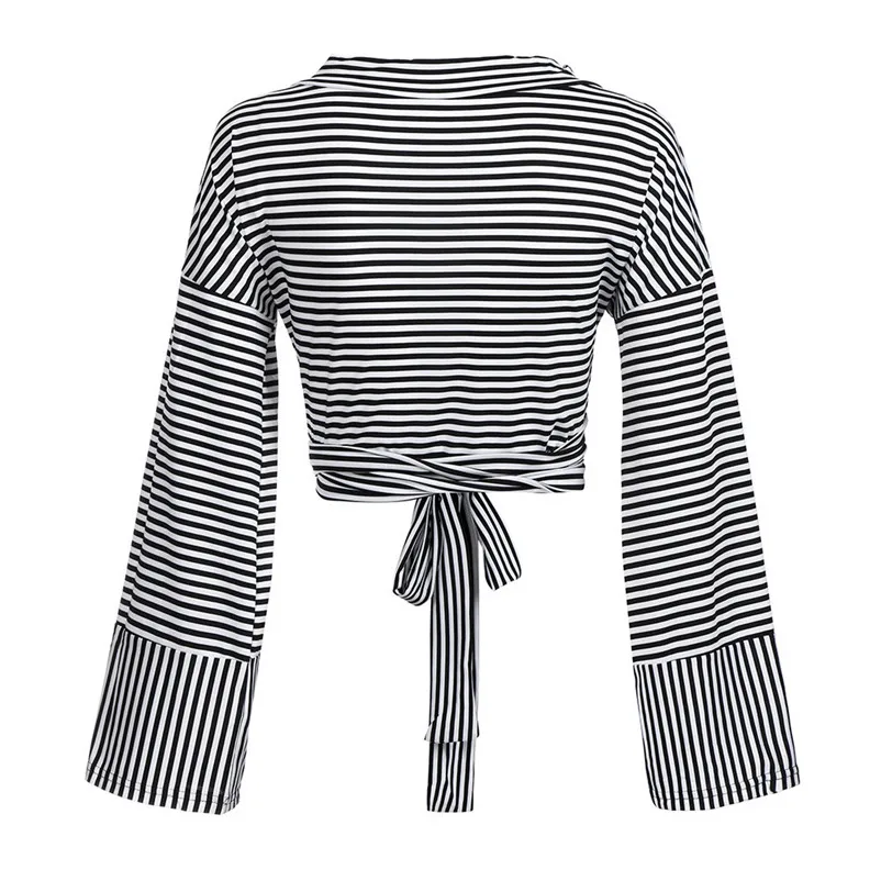 Fashion womens tops and blouses Autumn 2018 Casual Fashion Long Sleeve Striped V-Neck Bandage Blouse Shirt Tops de mujer S05#N (3)