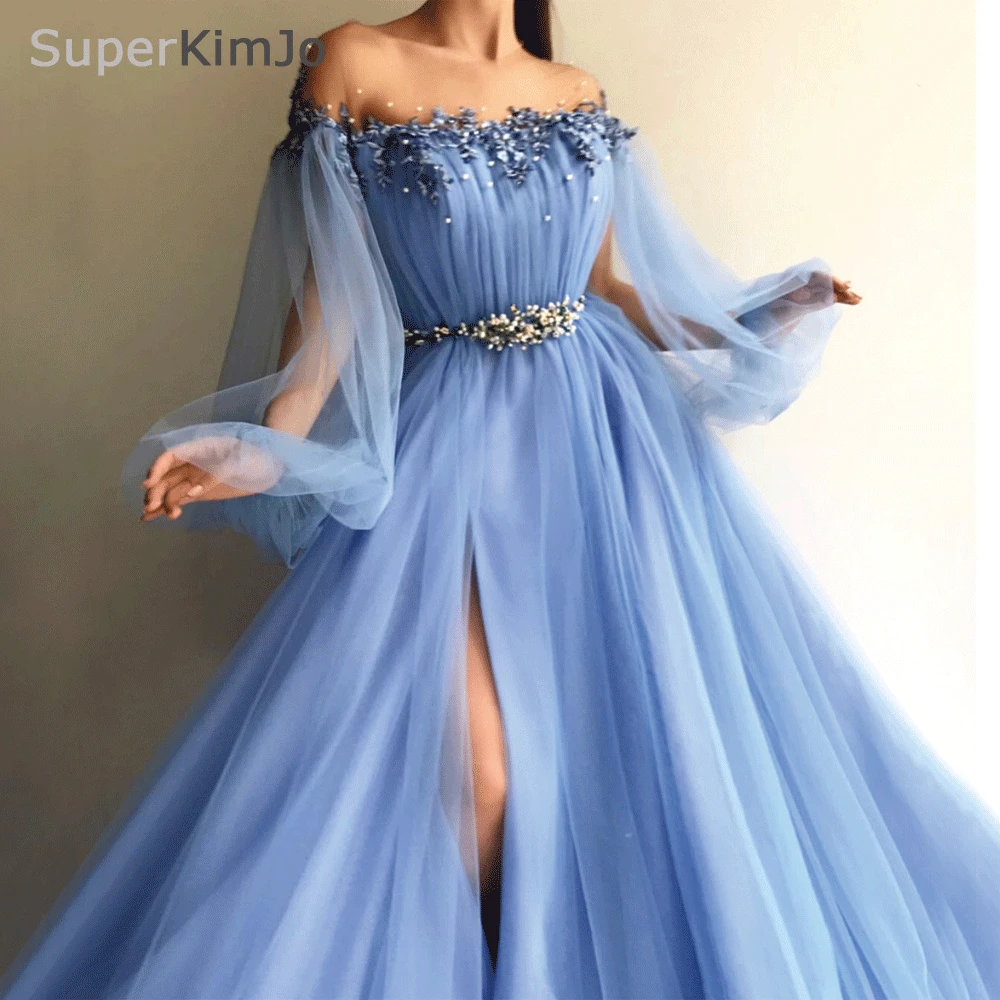 SuperKimJo Long Sleeve Beaded Prom Dresses 2022 Arabic Style Blue Tulle