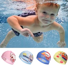 Niños Niñas natación piscina gorras PU tela dibujos animados Animal barco, gato, caballo, hipopótamo niños natación gorra impermeable proteger las orejas pelo largo(China)