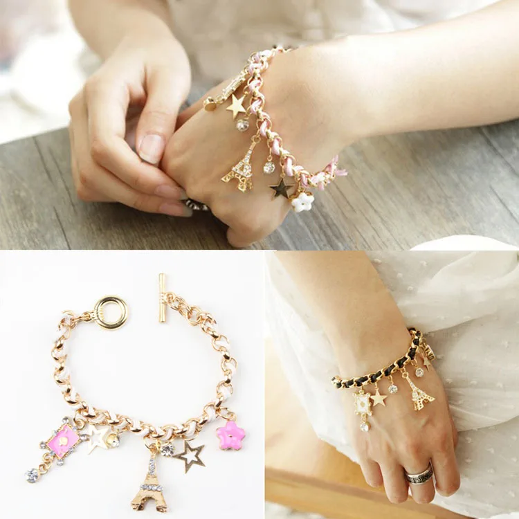 

Charming Leather Rope Paris Eiffel Tower Crown Crystal Bracelet For Women Party Wedding Bridal Jewelry bijoux
