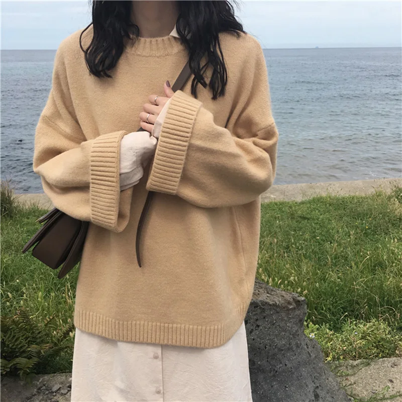 2019 Autumn and Winter Women's Basic Loose Oversized Wool Solid Colors O-neck Round Neck Long-sleeved Knitted Sweater | Женская