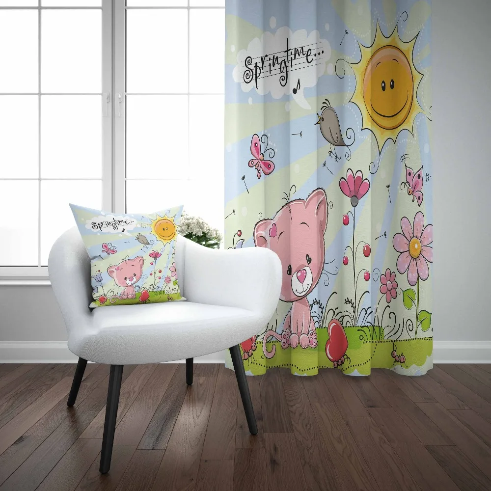 

Else Blue Floor Spring Time Sun Flowers Pink Cats 3d Print Kids Baby Children Window Panel Set Curtain Combine Gift Pillow Case