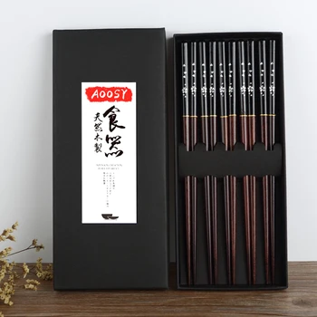 

Chopsticks 5 pair Japanese Korean Food Wooden bamboo Red Black Handle Design Couple Reusable Chopstick Set Chop Stick