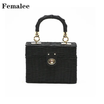 

FEMALEE Black Suitcase Rattan Handbag Vintage Beach Bag Handmade Summer 2018 Box Straw Shoulder Totes Bali Wicker Woven Bags