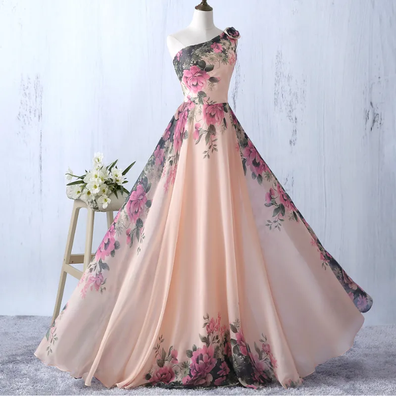 Goedkoop Hirigin Fashion Vrouwen Jurk Mouwloos Een Schouder Vier Stijlen Bloemen Lange Jurk Cocktail Party Formele Prom Gown Dress
