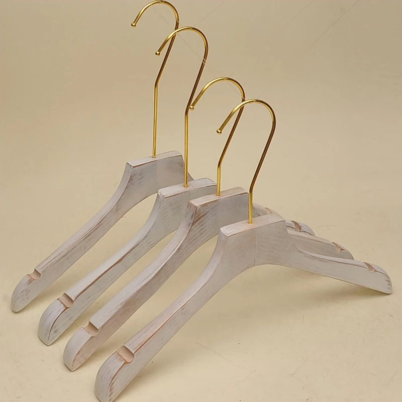 5pcs/lot 38cm/39cm water wash white vintage real wood hangers gold hook