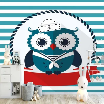 

Else Blue Lines Red Stripes Sailor Owl Animal 3d Print Cartoon Cleanable Fabric Mural Kids Children Room Background Wallpaper