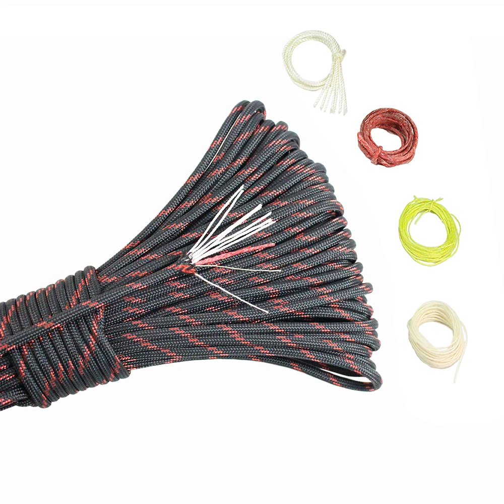 

PSKOOK 100 50 20FT Paracord 550 7+3 nylon strands EDC Fire Paracord Red Waxed Flax Fishing Line Cotton Thread Survival Ropes