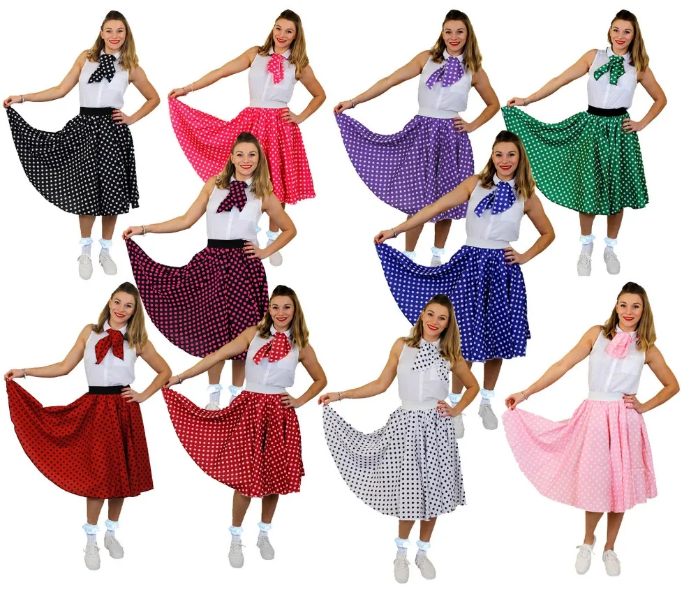 

ADULTS LONG POLKA DOT SKIRT & SCARF 26 INCHES ROCK AND ROLL 1950'S PARTY FANCY DRESS COSTUME