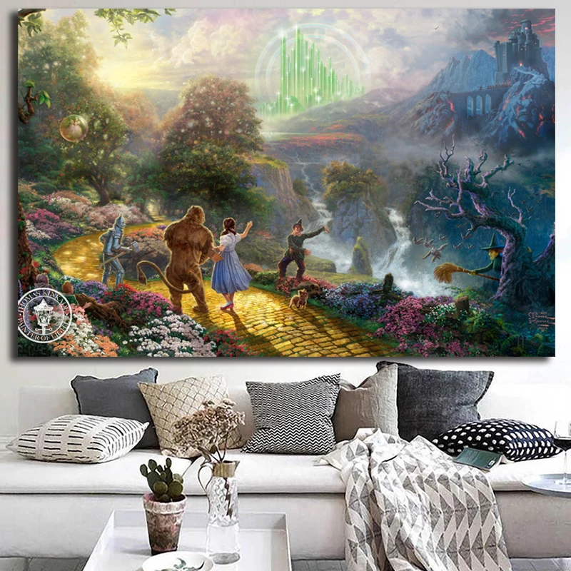 

Thomas Kinkade Wizard Of Oz Yellow Brick Road Canvas Painting Oil Print Poster Wall Art HD Picture for Living Room Home Decor