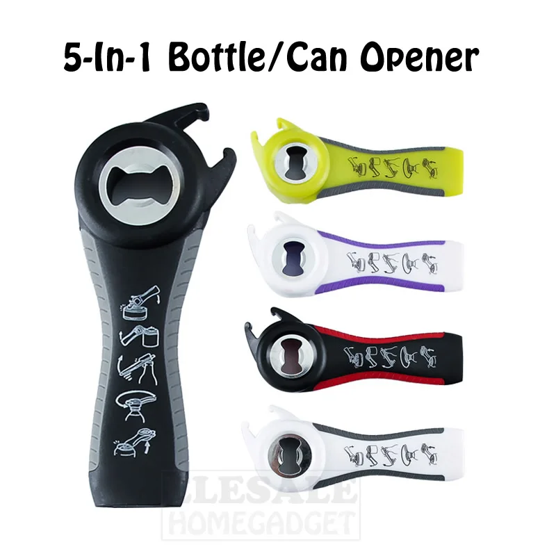 

High Quality 5-In-1 Multi-Function Bottle/Can Opener Kitchen Gadget Jar Beer Opener Stainless Steel And Plastic 4 Colors