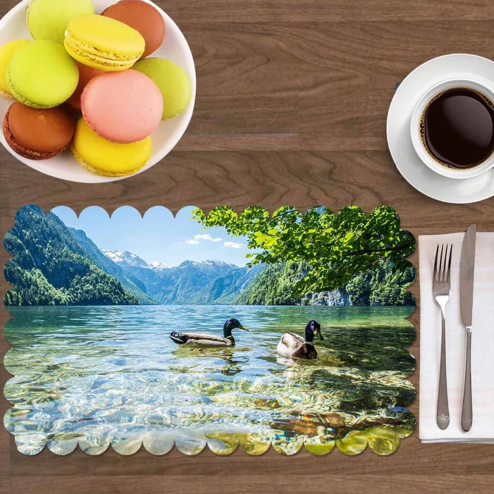 

Else Green Tree Blue Lake on Ducks Floral Nature 4 Pcs 3d Print Washable Micro Fabric Table Placemat Pad for Dining Room Kitchen