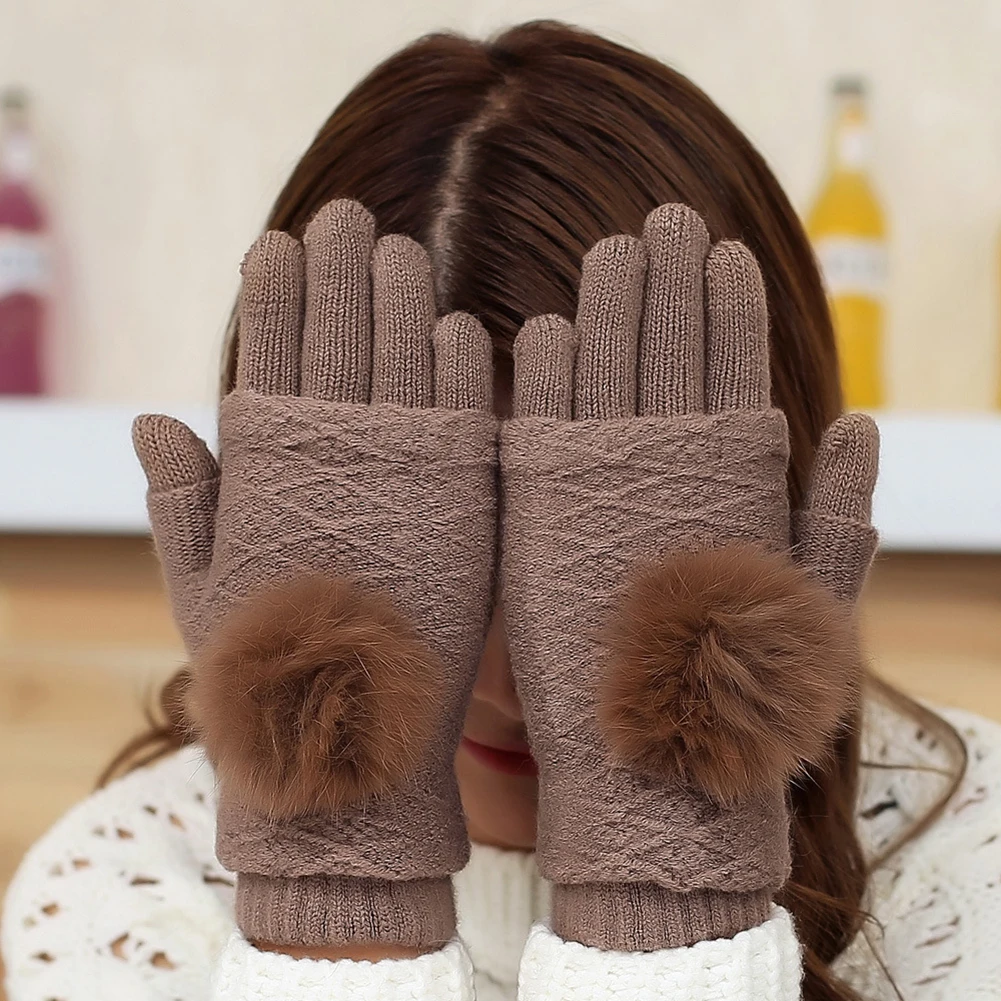 Зимние Для женщин мягкая Мех животных мяч искусственного кашемира Сенсорный экран полный пальцы теплые Прихватки для мангала