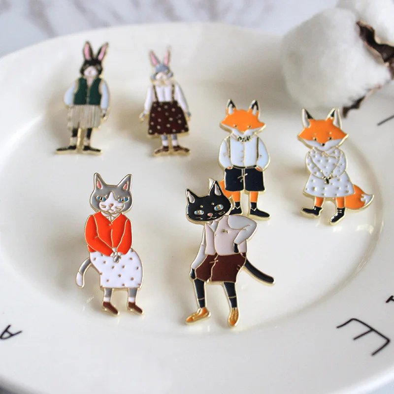 

New Version Cartoon Cute Cats Rabbits Foxes Metal Brooch Pins Fashion Jewelry Wholesale Cute Original Brooch