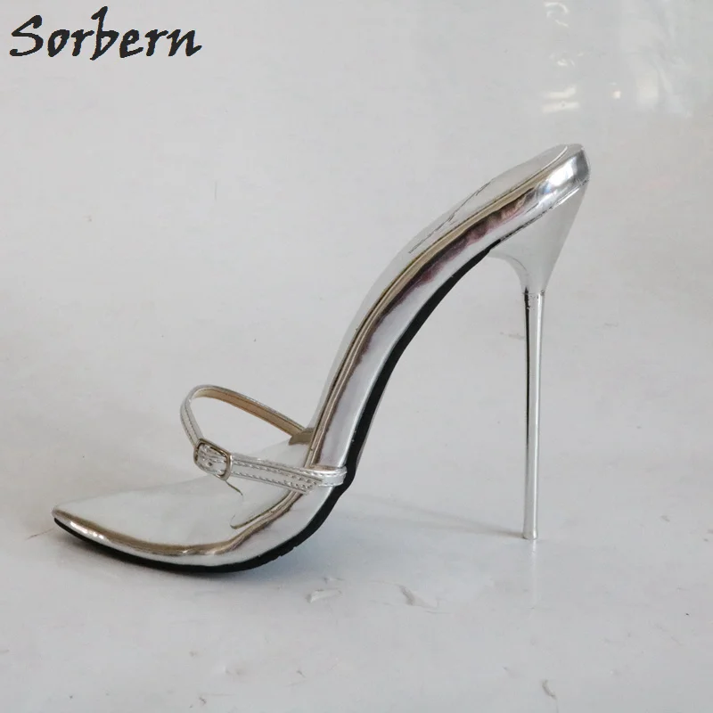 Sorbern/Новинка Серебристые шлепанцы на каблуке 12 см 14 16 женские туфли тонком
