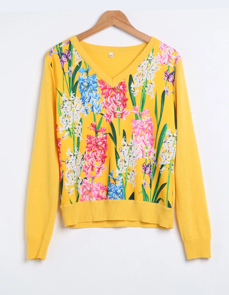 Весенний Модный пуловер для подиума, женский свитер с v-образным вырезом и длинным рукавом, желтый шерстяной вязаный свитер с цветочным принтом
