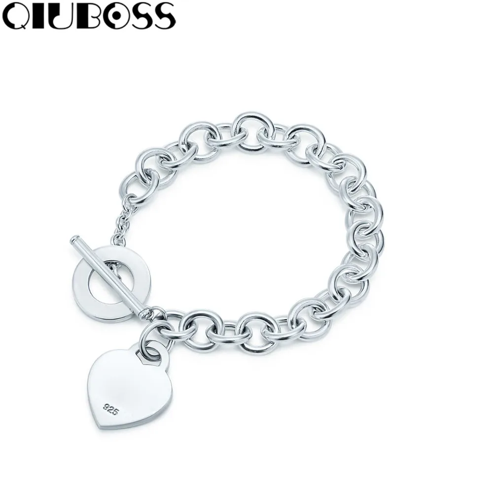 

QIUBOSS 2018 New TIF Bracelet Heart Tag Toggle Heart Shaped Pin Buckle Fashion Lady 925 Sterling Silver Bracelet